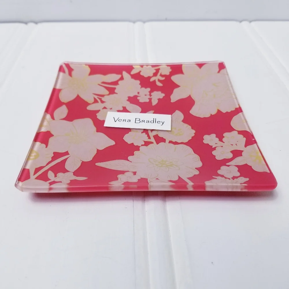 Vera Bradley Trinket Tray Pink Yellow Floral Glass Jewelry Holder. Home Decor